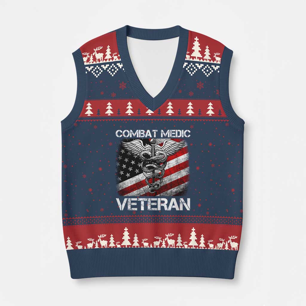 Combat Medic Veteran V-Neck Knit Sweater Vest Medical Military Soldier Vintage American Flag - Wonder Print Shop