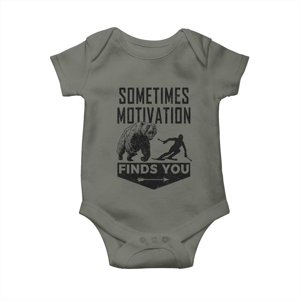 Funny Skiing Baby Onesie Sometimes Motivation Finds You Ski Mountain Bear - Wonder Print Shop