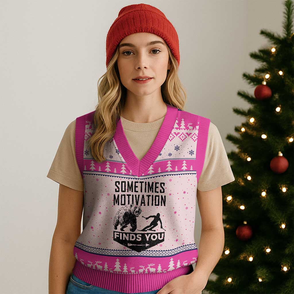 Funny Skiing V-Neck Knit Sweater Vest Sometimes Motivation Finds You Ski Mountain Bear - Wonder Print Shop