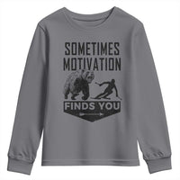Funny Skiing Youth Sweatshirt Sometimes Motivation Finds You Ski Mountain Bear - Wonder Print Shop