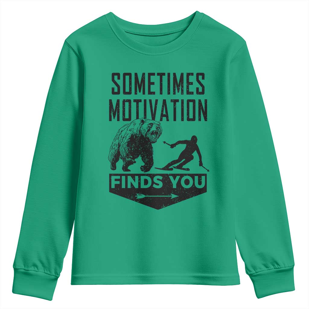 Funny Skiing Youth Sweatshirt Sometimes Motivation Finds You Ski Mountain Bear - Wonder Print Shop