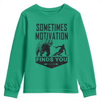 Funny Skiing Youth Sweatshirt Sometimes Motivation Finds You Ski Mountain Bear - Wonder Print Shop