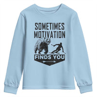 Funny Skiing Youth Sweatshirt Sometimes Motivation Finds You Ski Mountain Bear - Wonder Print Shop
