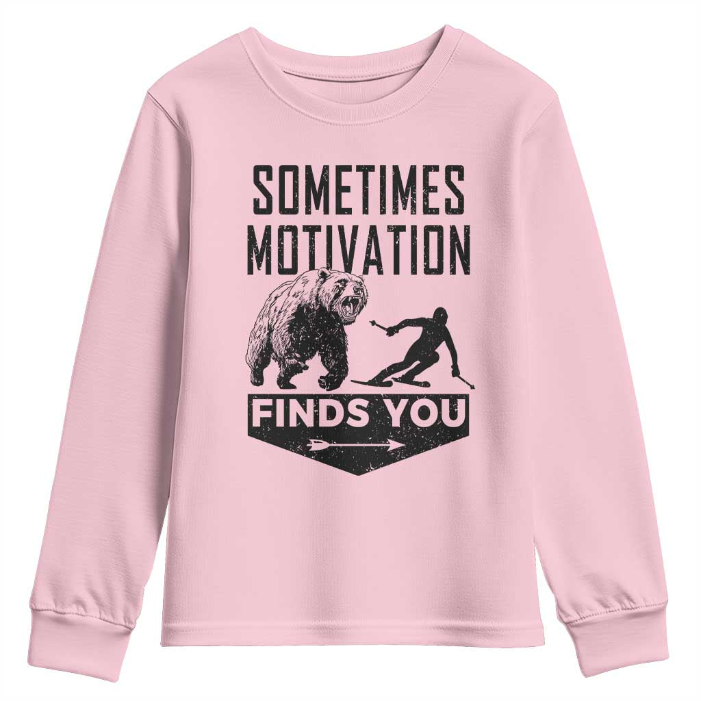 Funny Skiing Youth Sweatshirt Sometimes Motivation Finds You Ski Mountain Bear - Wonder Print Shop