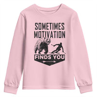 Funny Skiing Youth Sweatshirt Sometimes Motivation Finds You Ski Mountain Bear - Wonder Print Shop