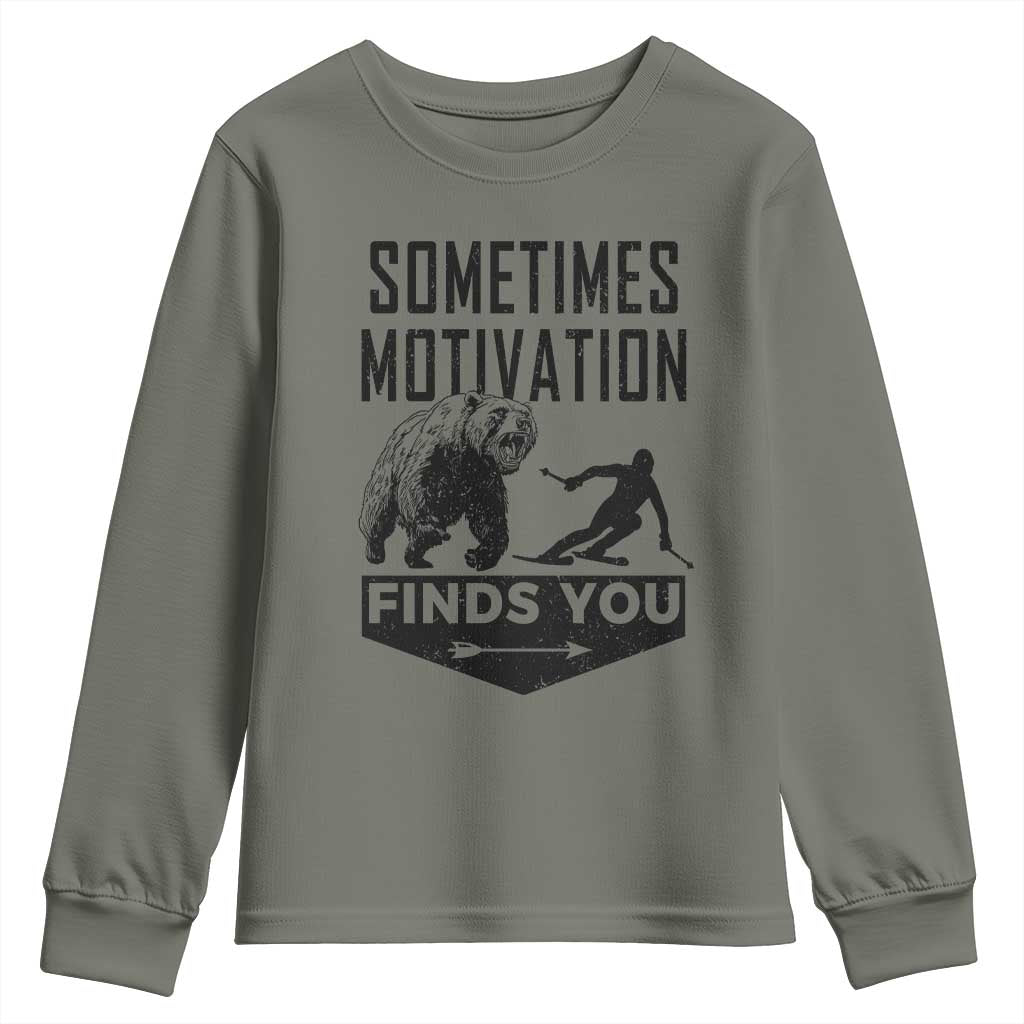 Funny Skiing Youth Sweatshirt Sometimes Motivation Finds You Ski Mountain Bear - Wonder Print Shop