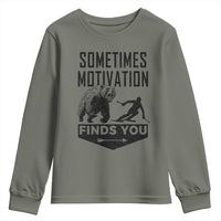 Funny Skiing Youth Sweatshirt Sometimes Motivation Finds You Ski Mountain Bear - Wonder Print Shop