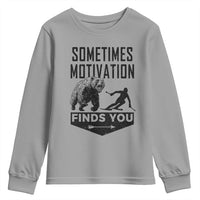 Funny Skiing Youth Sweatshirt Sometimes Motivation Finds You Ski Mountain Bear - Wonder Print Shop