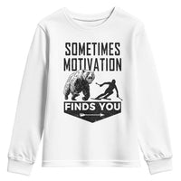 Funny Skiing Youth Sweatshirt Sometimes Motivation Finds You Ski Mountain Bear - Wonder Print Shop