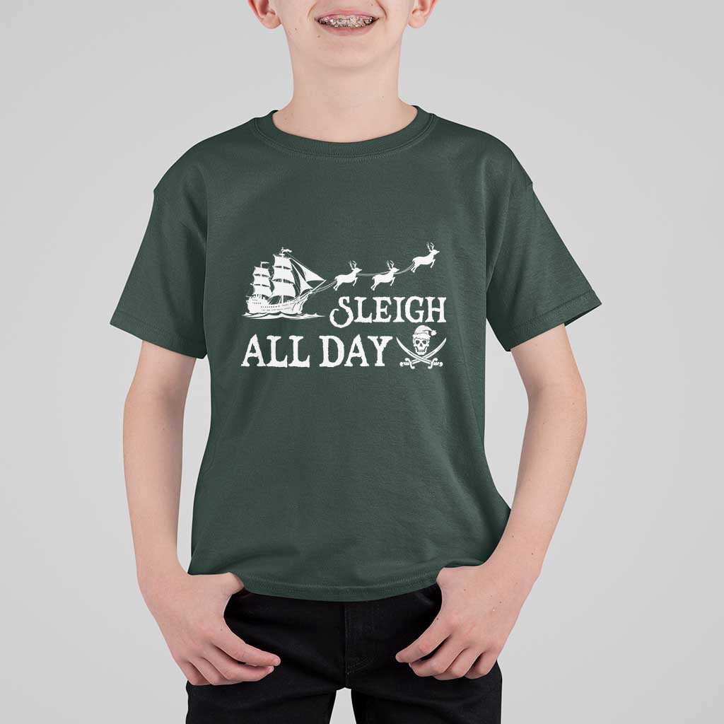 Funny Christmas Pirate T Shirt For Kid Sleigh All Day Pirate Skull Ship - Wonder Print Shop