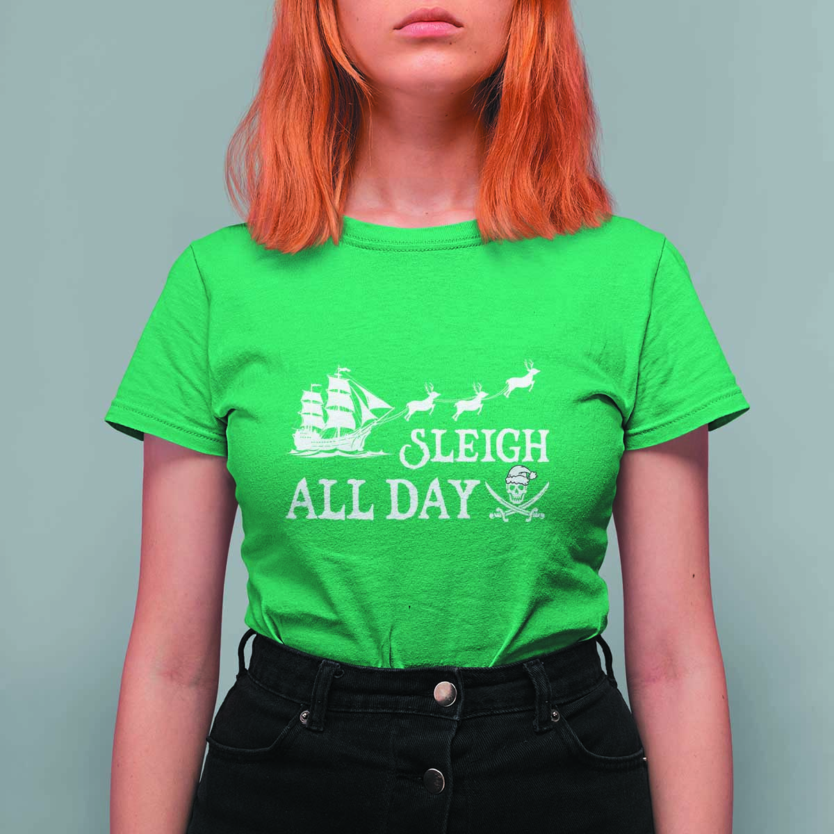 Funny Christmas Pirate T Shirt For Women Sleigh All Day Pirate Skull Ship - Wonder Print Shop