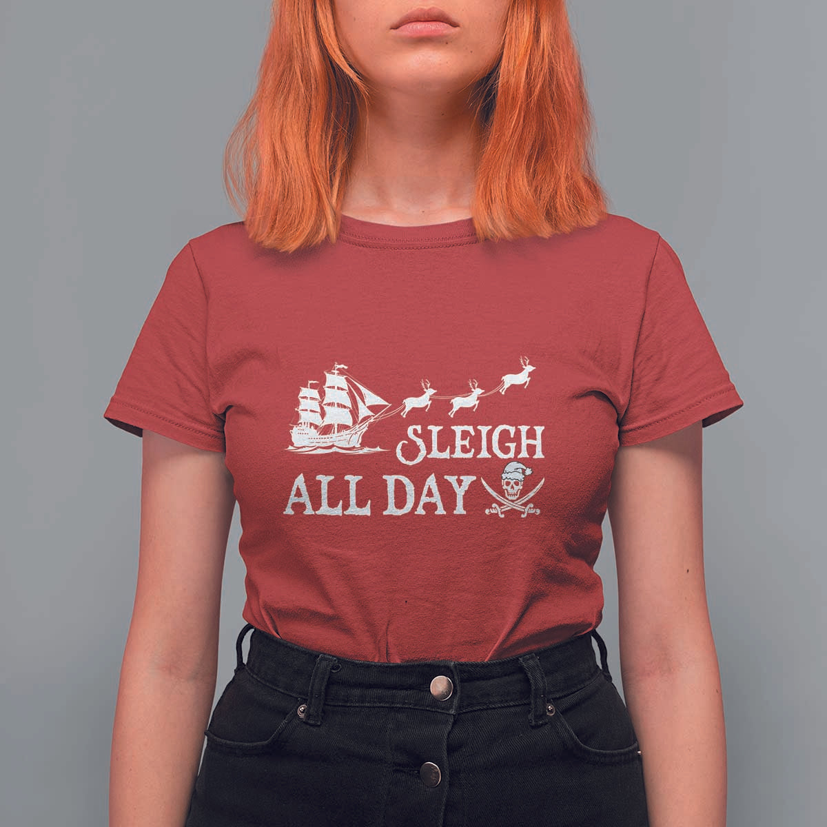 Funny Christmas Pirate T Shirt For Women Sleigh All Day Pirate Skull Ship - Wonder Print Shop