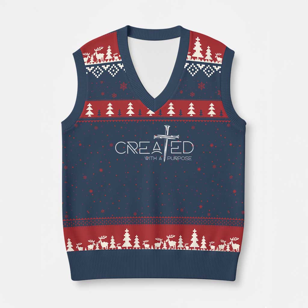 Created With A Purpose V-Neck Knit Sweater Vest Christian Faith Cross - Wonder Print Shop