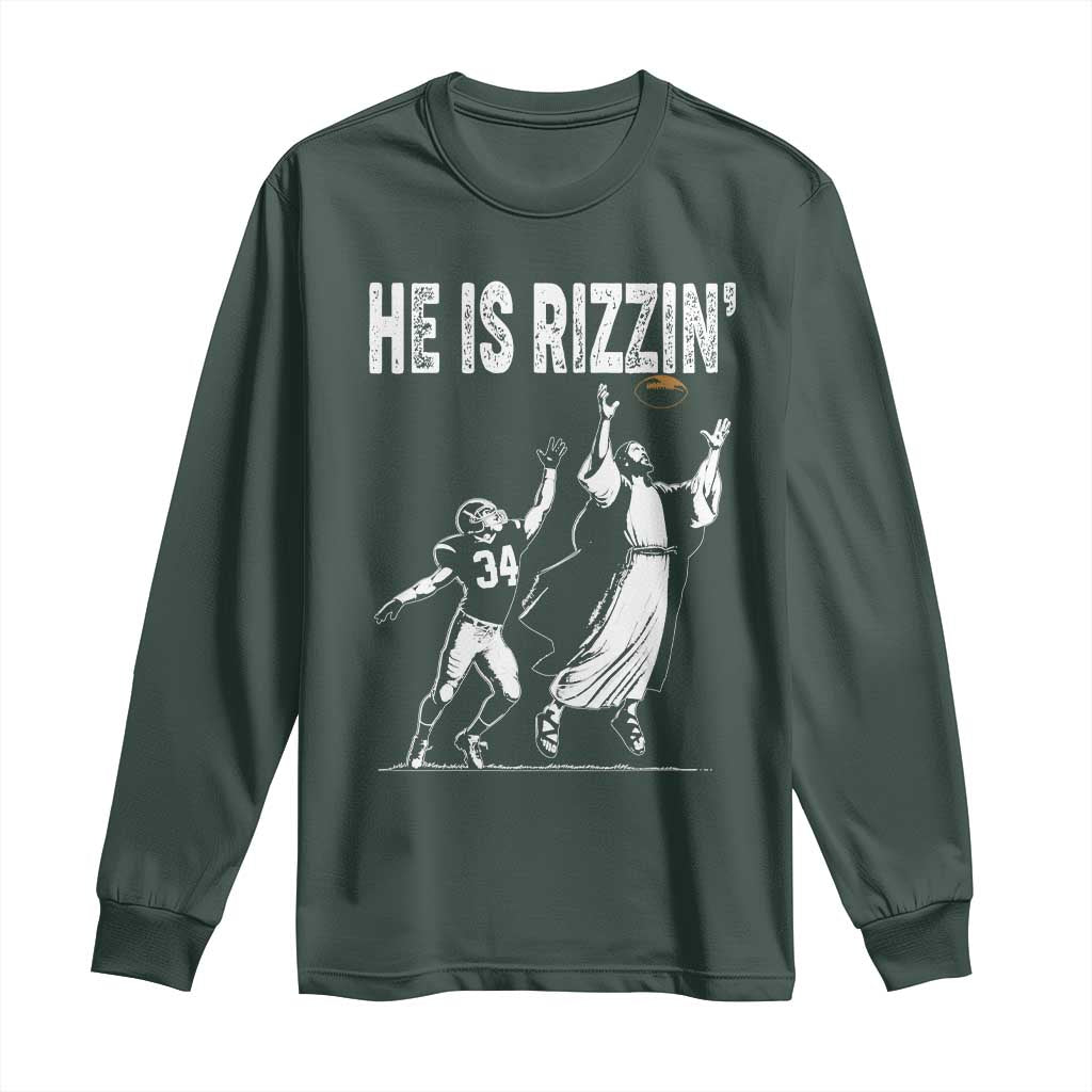 Funny Jesus American Football He Is Rizzin' Long Sleeve Shirt