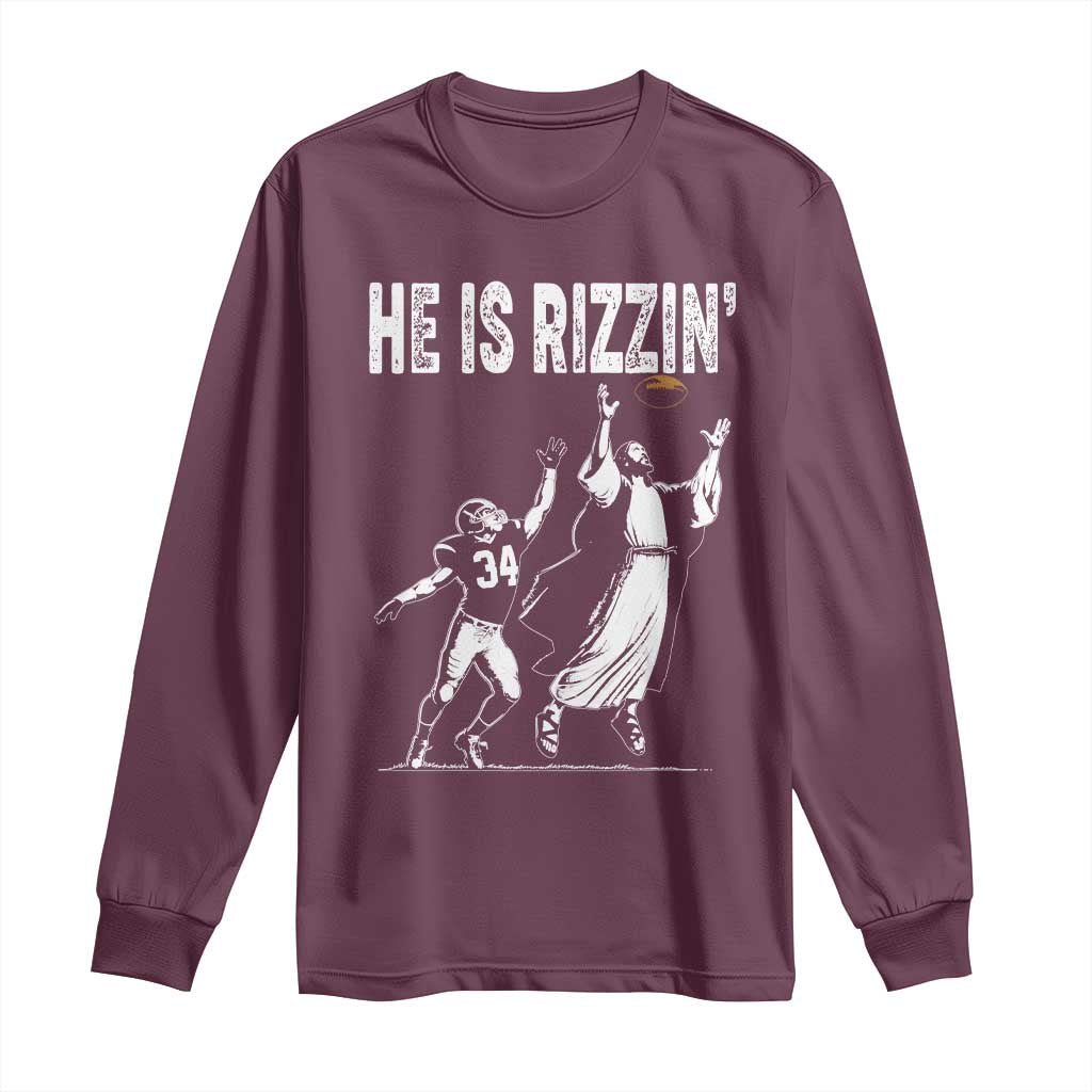 Funny Jesus American Football He Is Rizzin' Long Sleeve Shirt