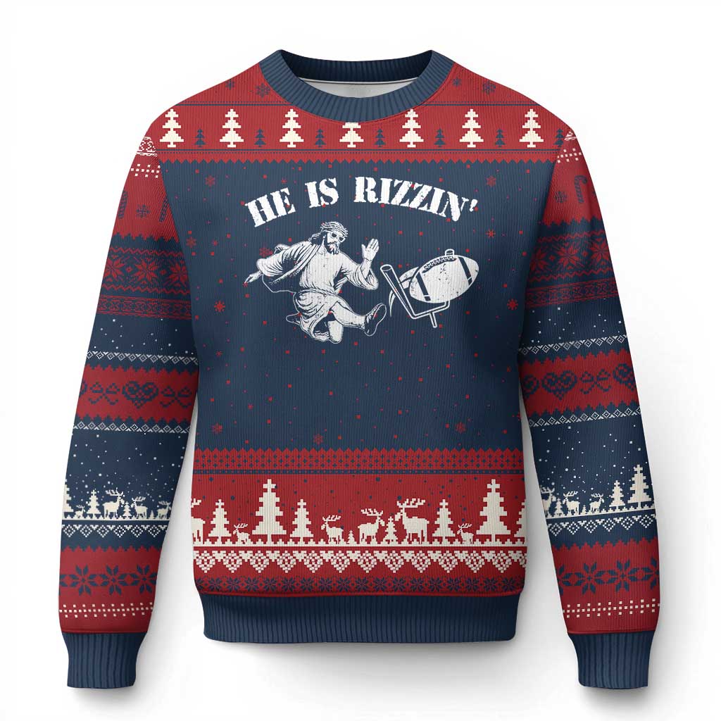 Funny Jesus American Football He Is Rizzin' Meme Ugly Christmas Sweater - Wonder Print Shop