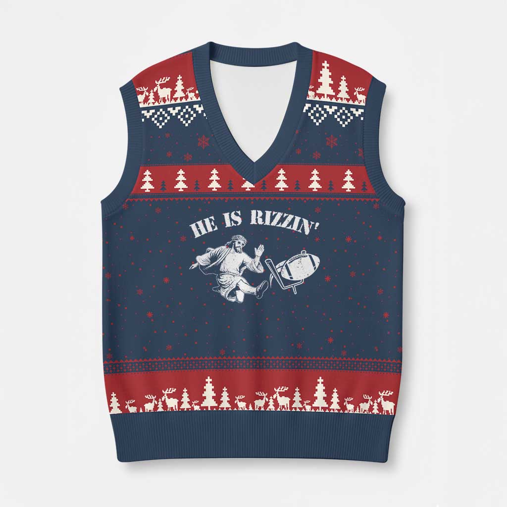 Funny Jesus American Football He Is Rizzin' Meme V-Neck Knit Sweater Vest - Wonder Print Shop
