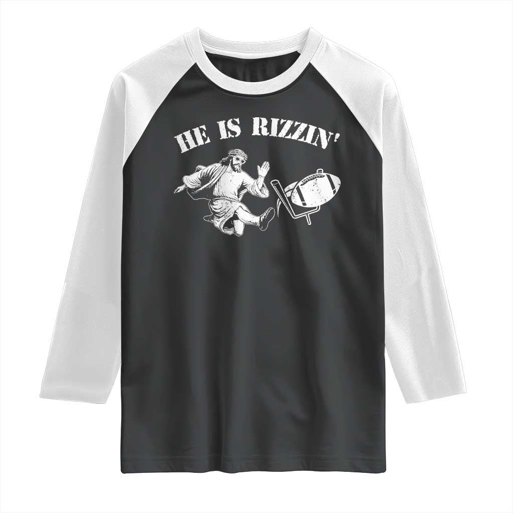 Funny Jesus American Football He Is Rizzin' Meme Raglan Shirt