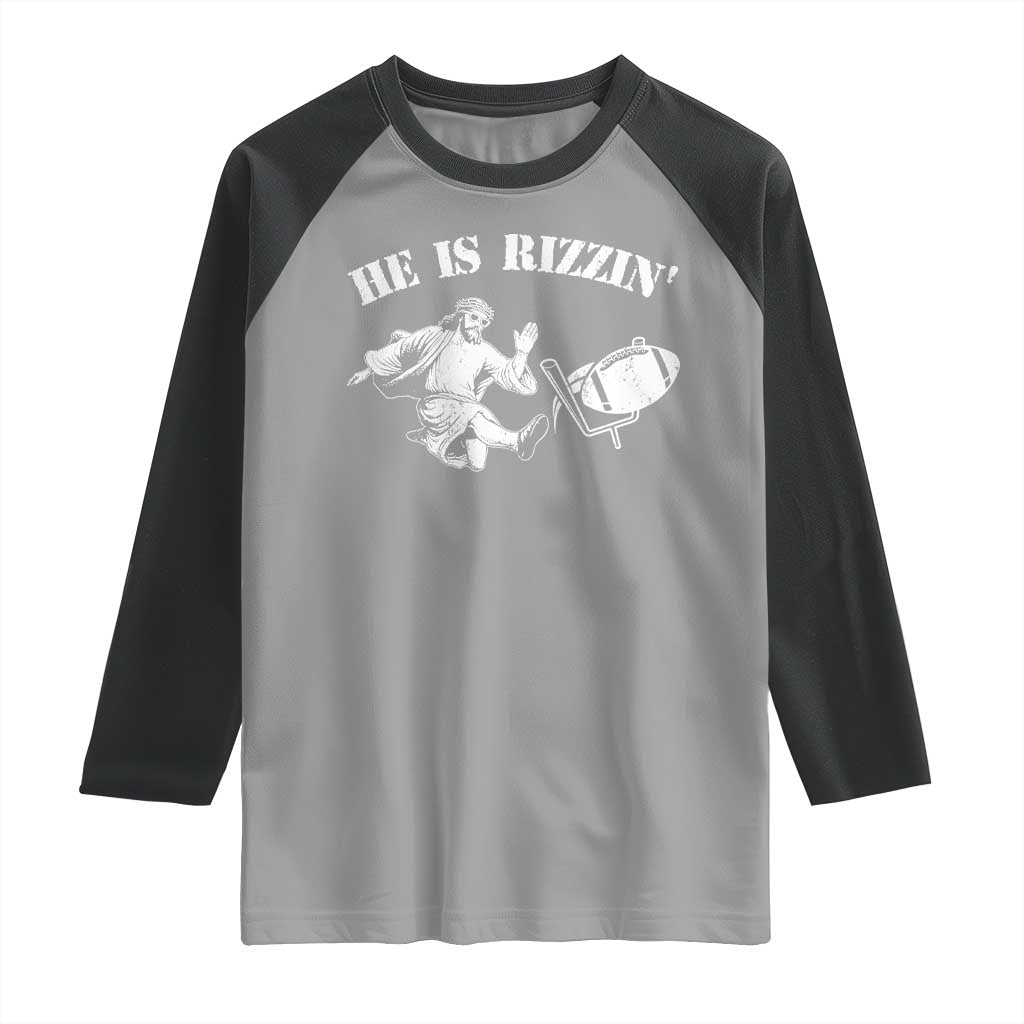 Funny Jesus American Football He Is Rizzin' Meme Raglan Shirt