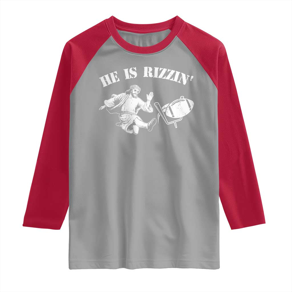 Funny Jesus American Football He Is Rizzin' Meme Raglan Shirt