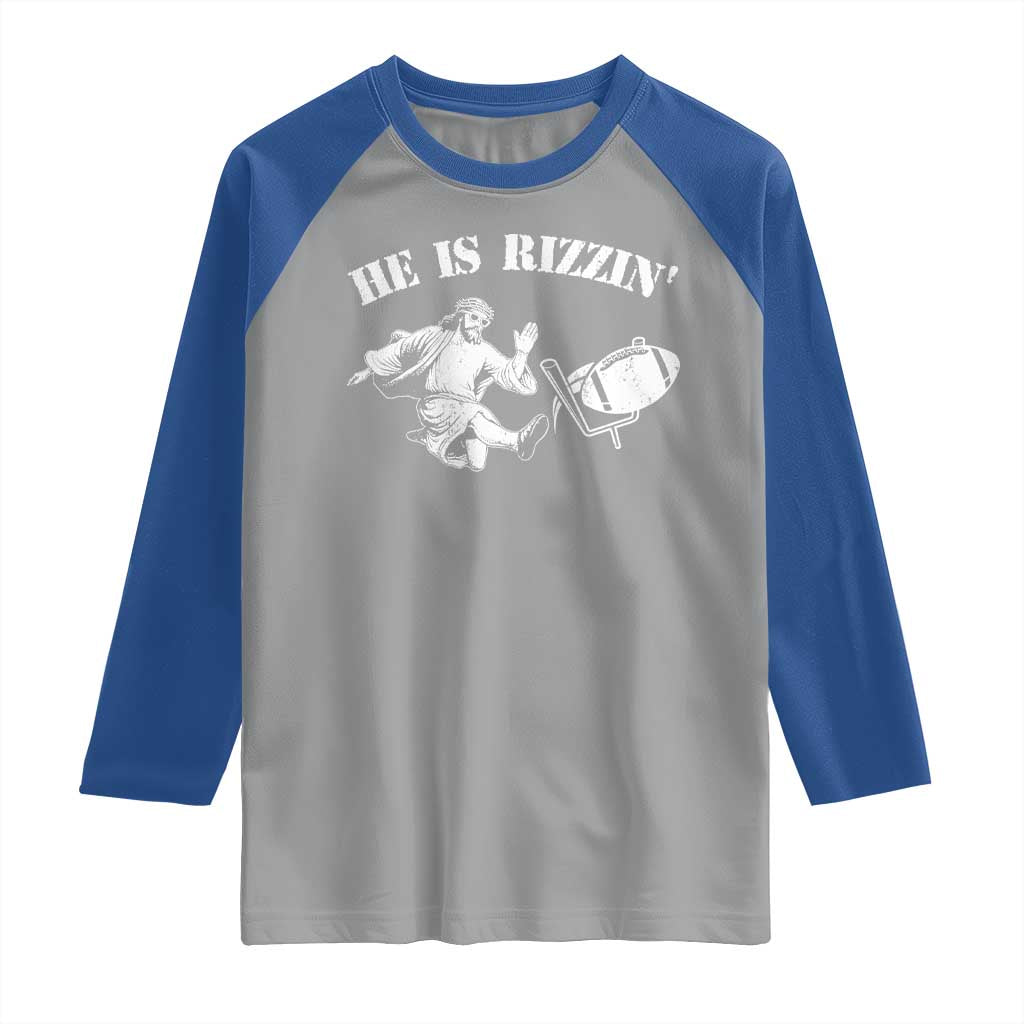 Funny Jesus American Football He Is Rizzin' Meme Raglan Shirt