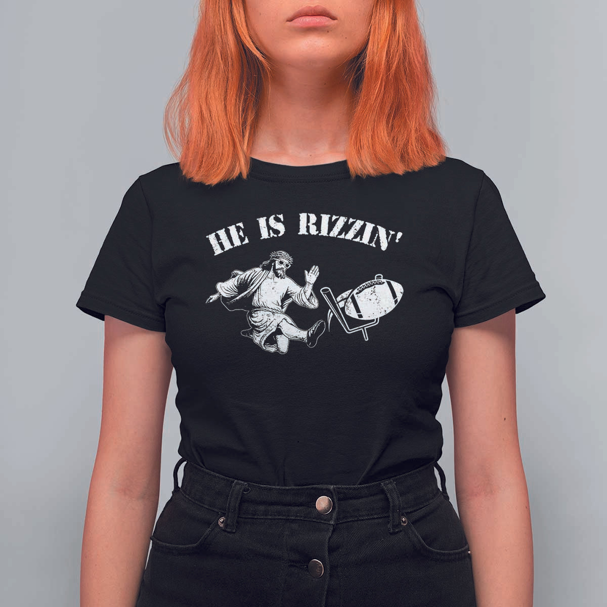 Funny Jesus American Football He Is Rizzin' Meme T Shirt For Women