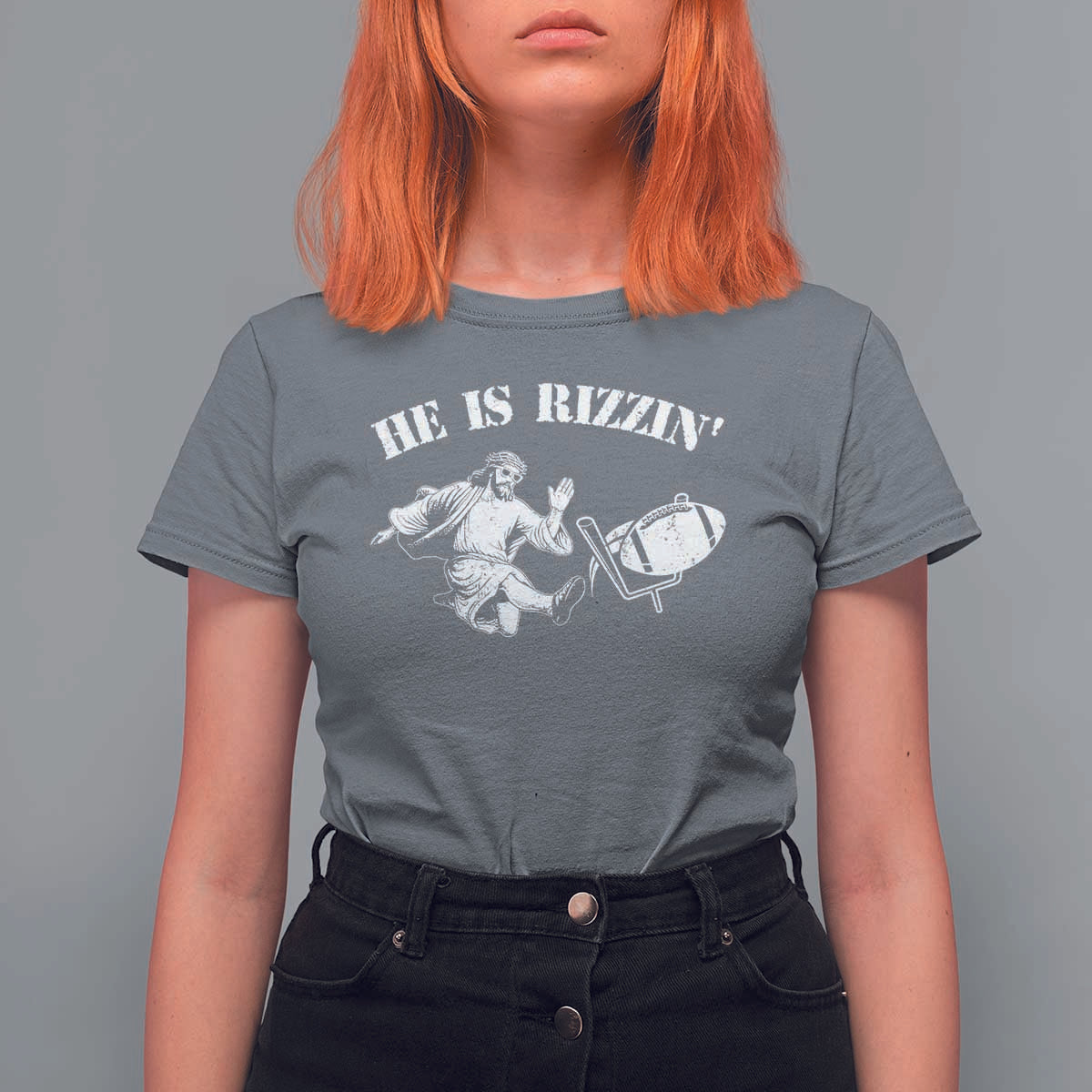 Funny Jesus American Football He Is Rizzin' Meme T Shirt For Women