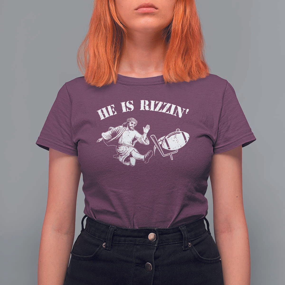 Funny Jesus American Football He Is Rizzin' Meme T Shirt For Women