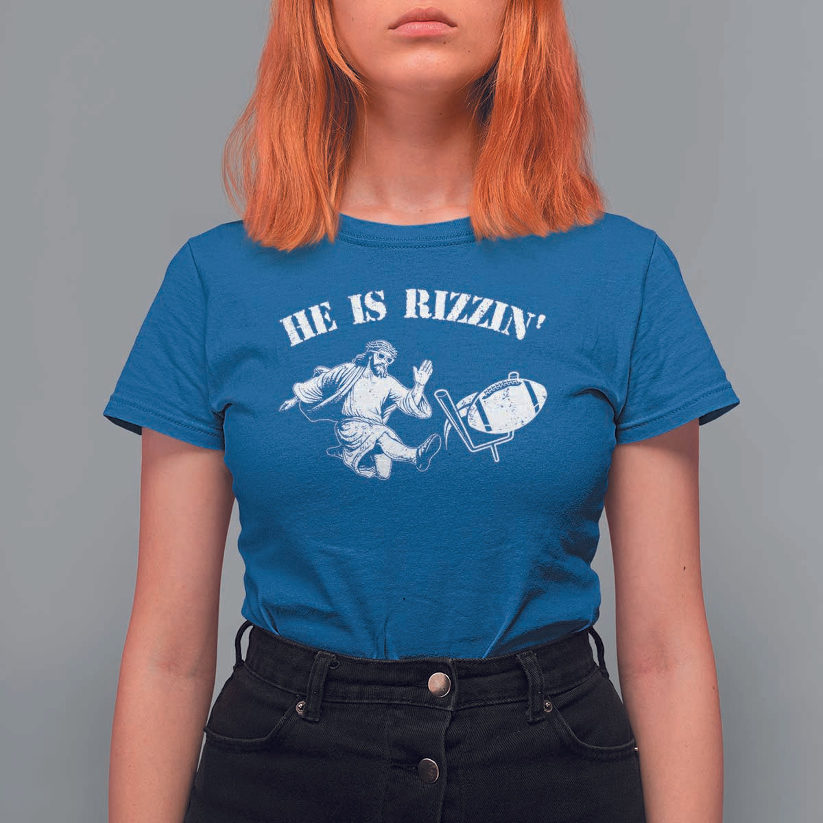 Funny Jesus American Football He Is Rizzin' Meme T Shirt For Women