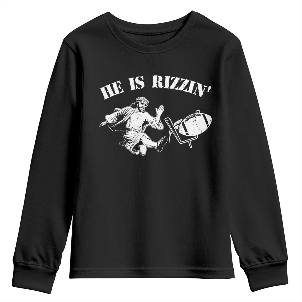 Funny Jesus American Football He Is Rizzin' Meme Youth Sweatshirt