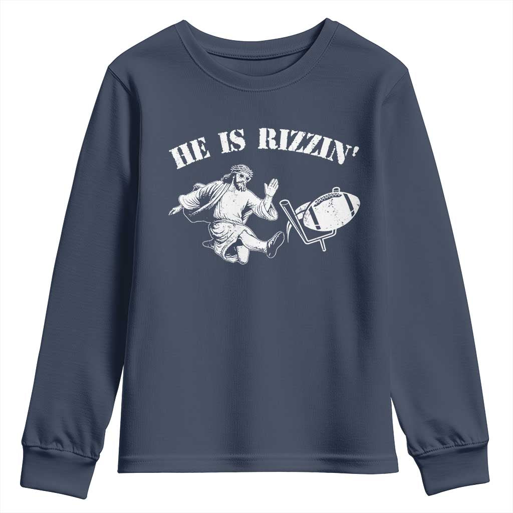 Funny Jesus American Football He Is Rizzin' Meme Youth Sweatshirt