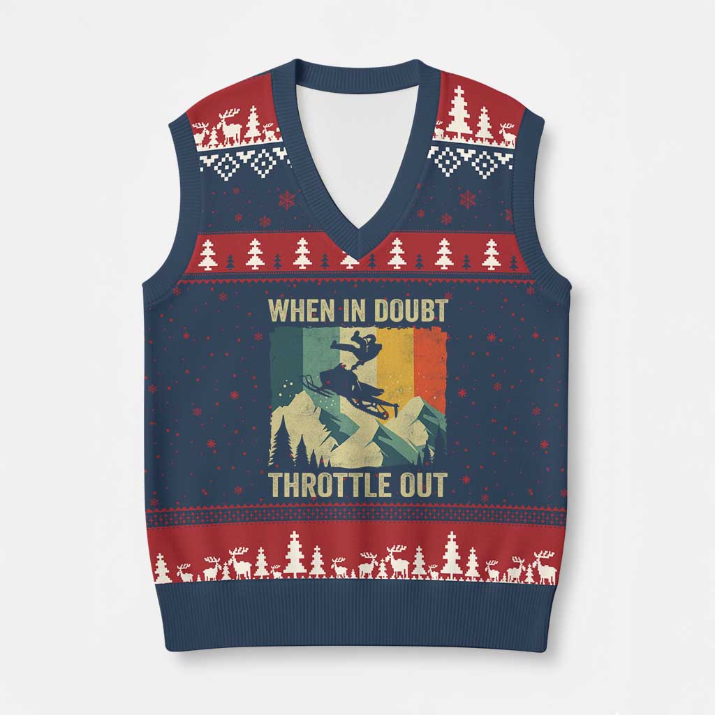 Funny Snowmobile Sled When In Doubt Throttle Out V-Neck Knit Sweater Vest Winter Sports - Wonder Print Shop