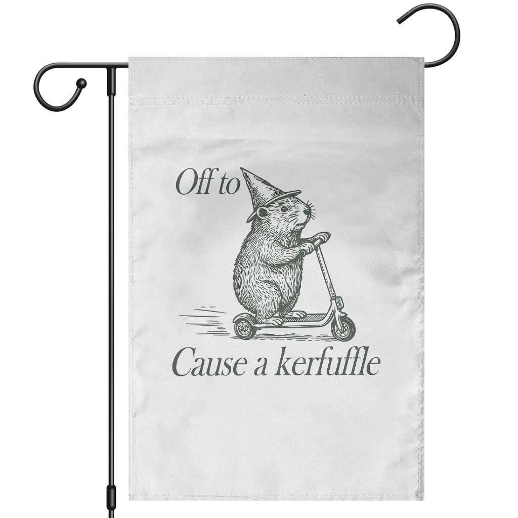 Off To Cause A Kerfuffle Garden Flag Funny Groundhog Scooter Chaos - Wonder Print Shop