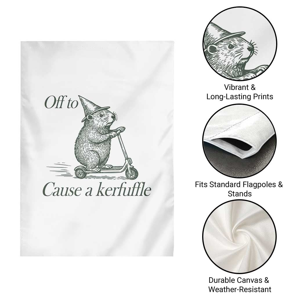 Off To Cause A Kerfuffle Garden Flag Funny Groundhog Scooter Chaos - Wonder Print Shop