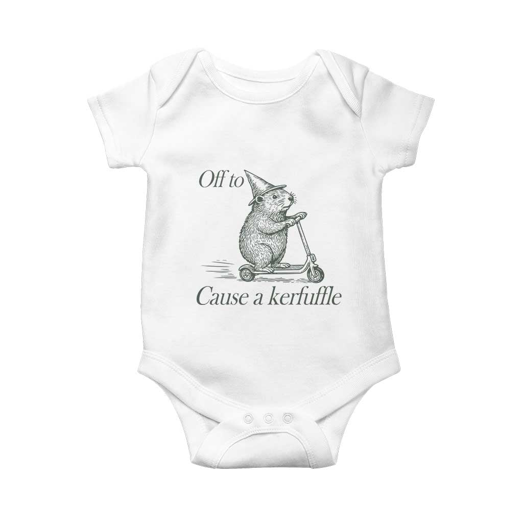 Off To Cause A Kerfuffle Baby Onesie Funny Groundhog Scooter Chaos - Wonder Print Shop