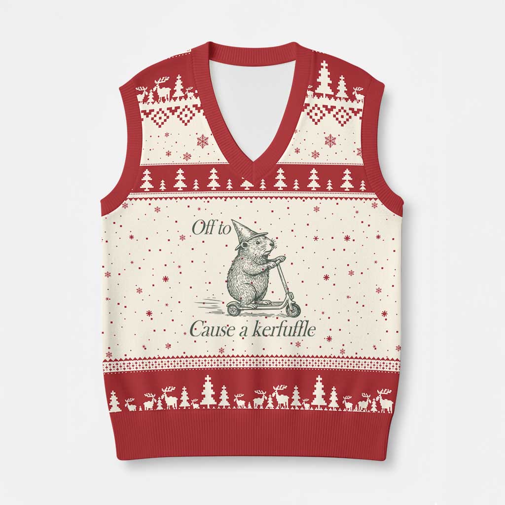 Off To Cause A Kerfuffle V-Neck Knit Sweater Vest Funny Groundhog Scooter Chaos - Wonder Print Shop