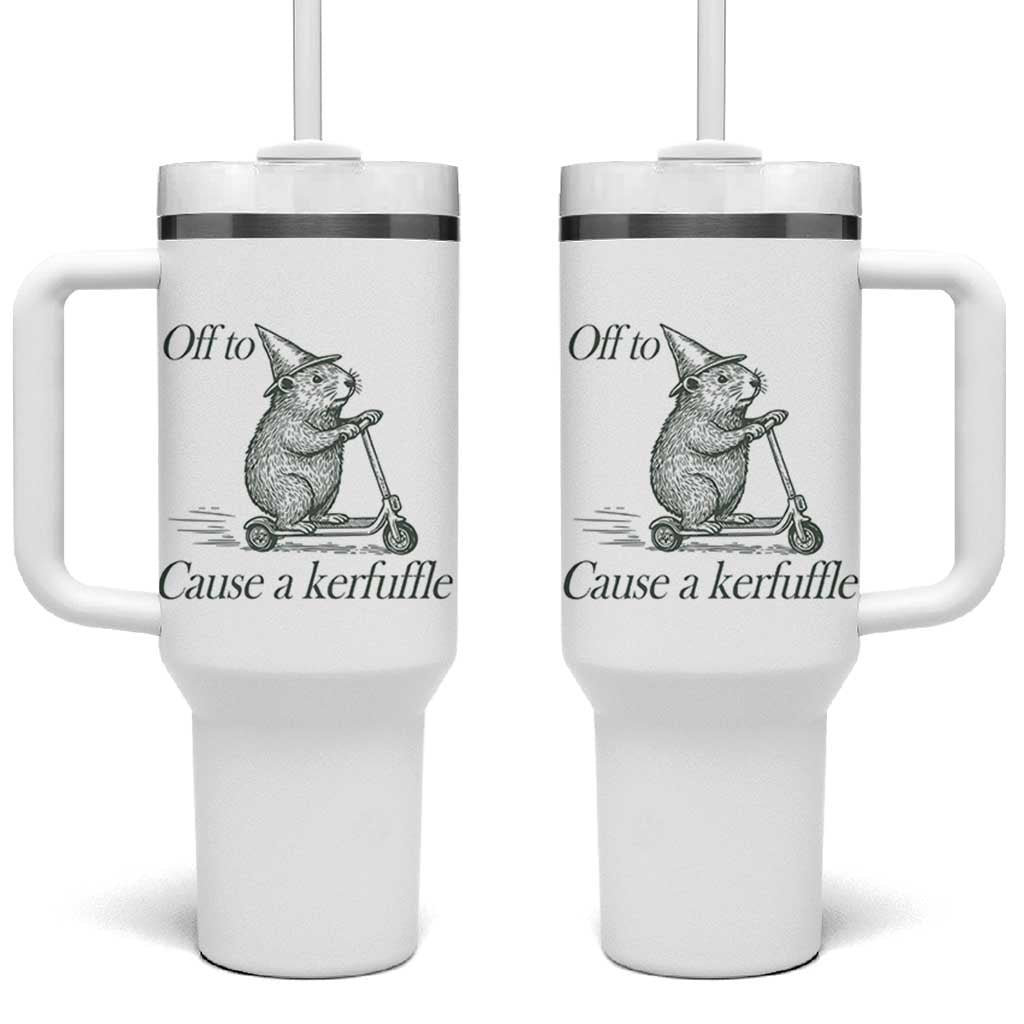 Off To Cause A Kerfuffle Tumbler With Handle Funny Groundhog Scooter Chaos - Wonder Print Shop