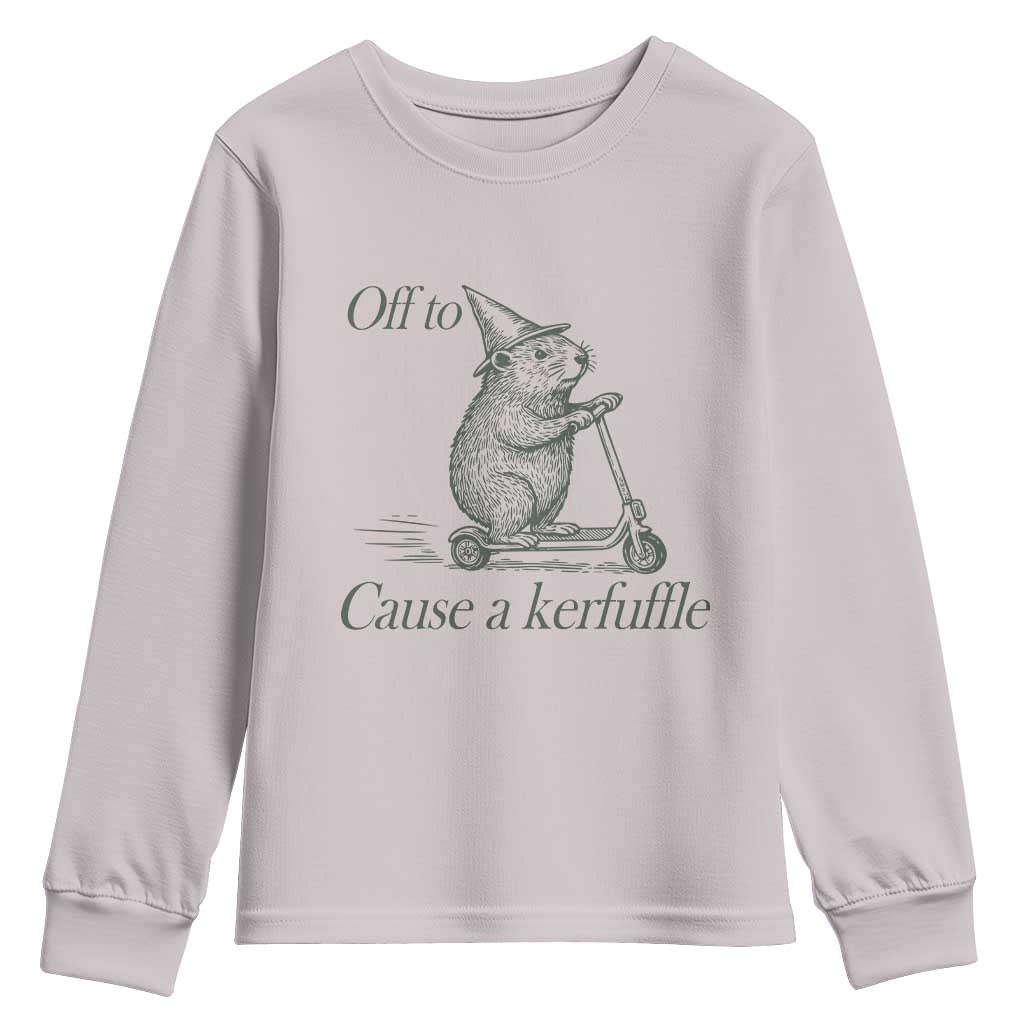 Off To Cause A Kerfuffle Youth Sweatshirt Funny Groundhog Scooter Chaos - Wonder Print Shop