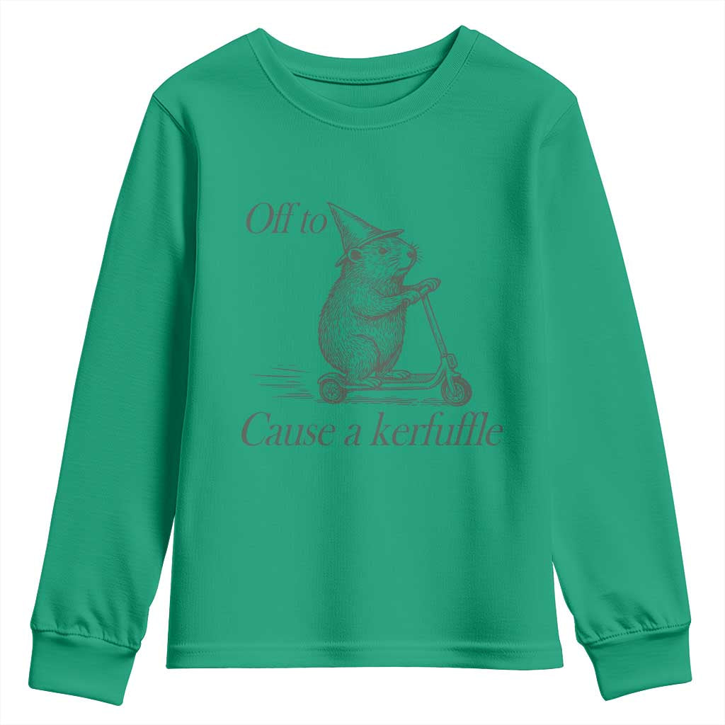 Off To Cause A Kerfuffle Youth Sweatshirt Funny Groundhog Scooter Chaos - Wonder Print Shop