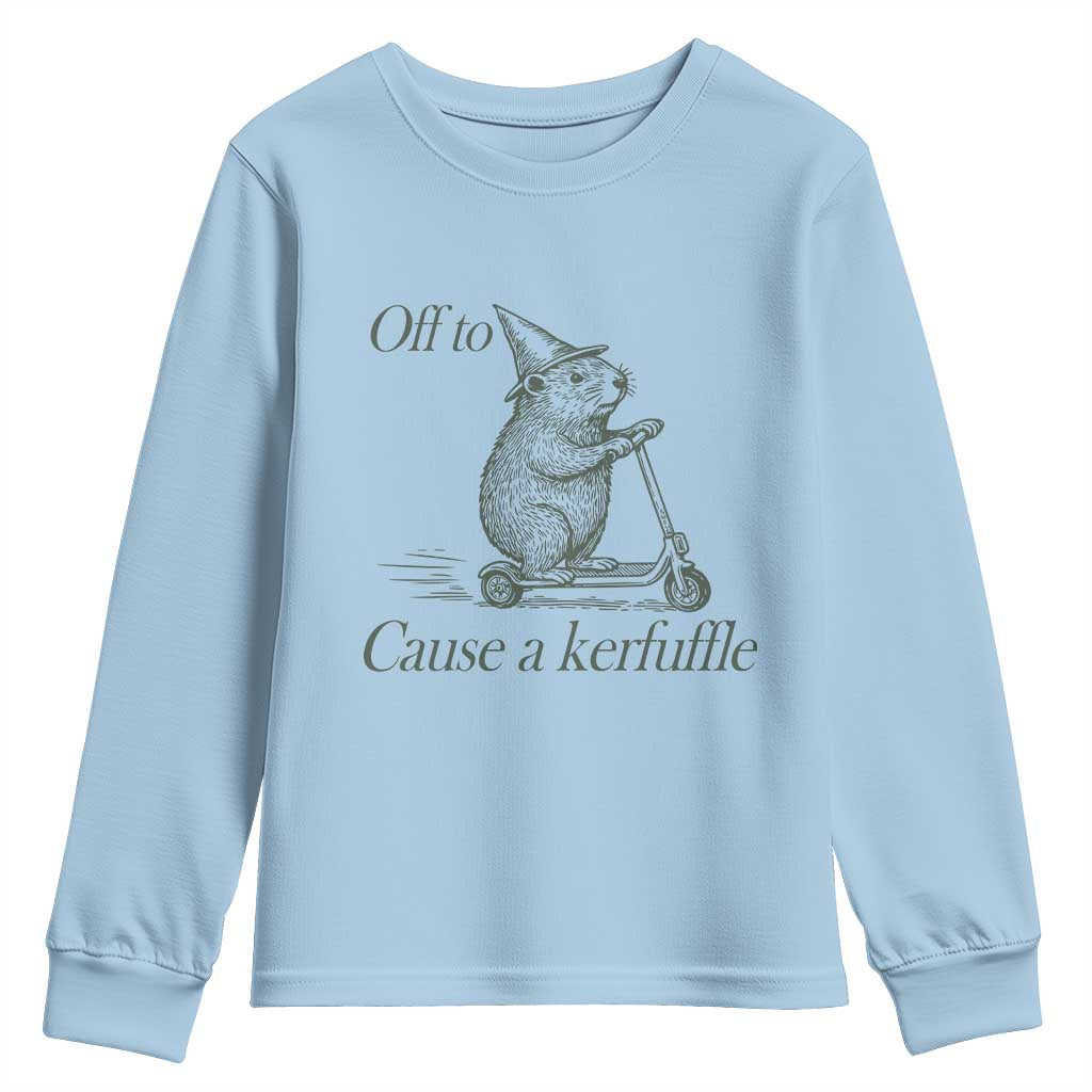 Off To Cause A Kerfuffle Youth Sweatshirt Funny Groundhog Scooter Chaos - Wonder Print Shop