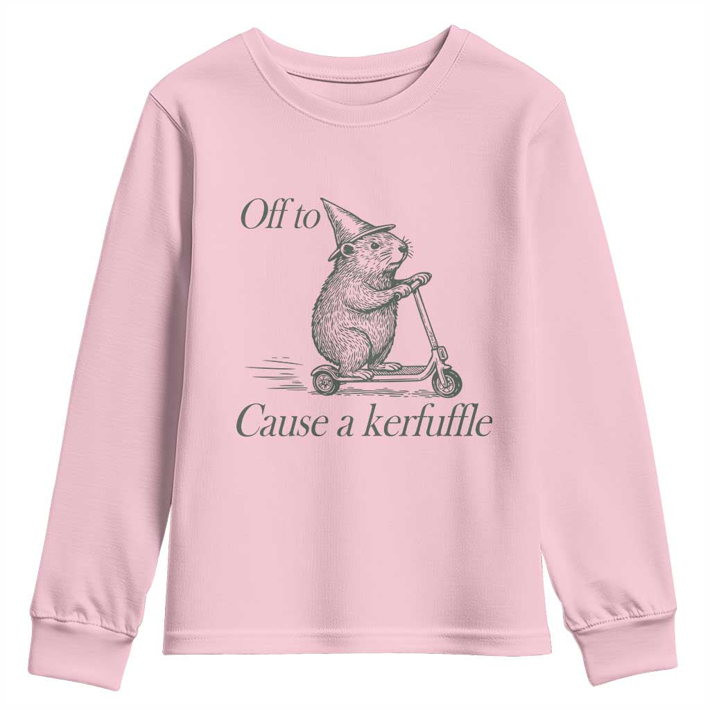 Off To Cause A Kerfuffle Youth Sweatshirt Funny Groundhog Scooter Chaos - Wonder Print Shop