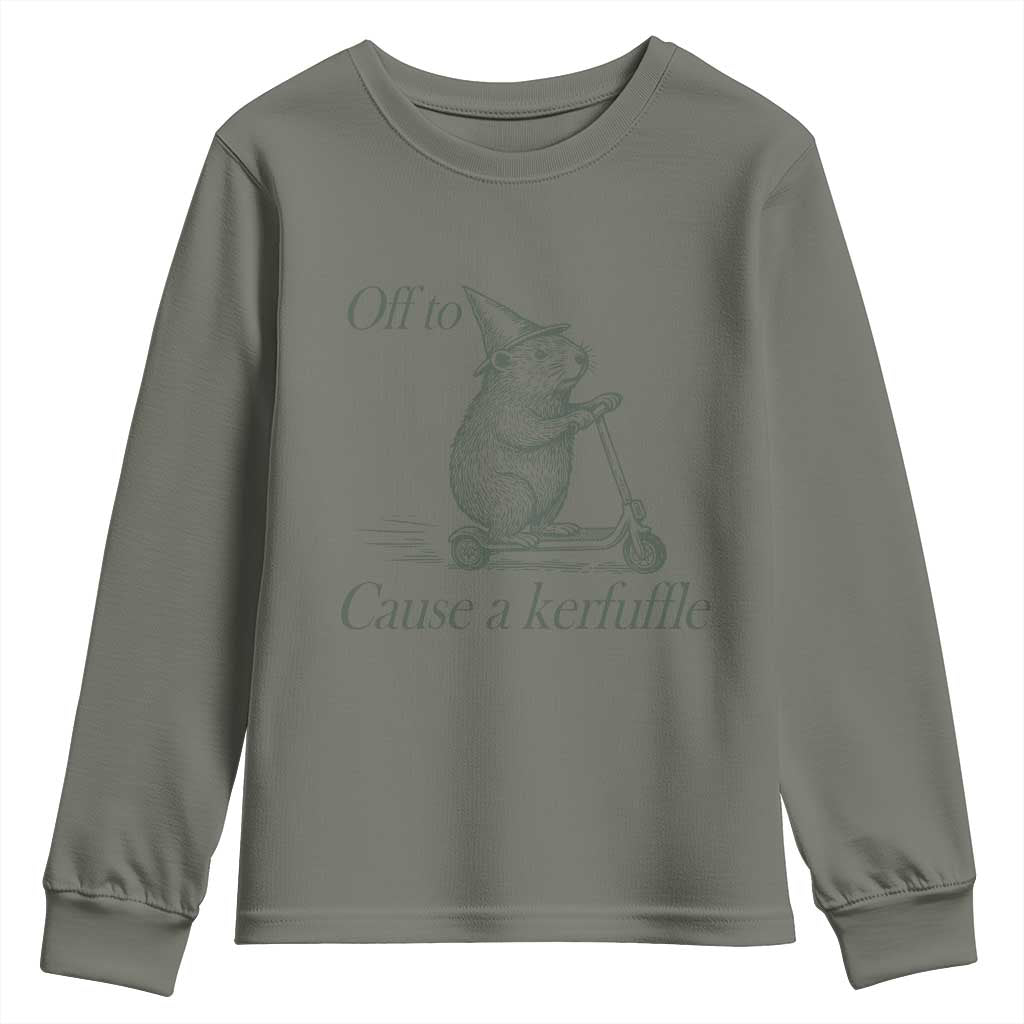 Off To Cause A Kerfuffle Youth Sweatshirt Funny Groundhog Scooter Chaos - Wonder Print Shop