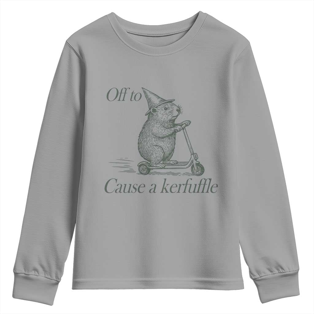 Off To Cause A Kerfuffle Youth Sweatshirt Funny Groundhog Scooter Chaos - Wonder Print Shop