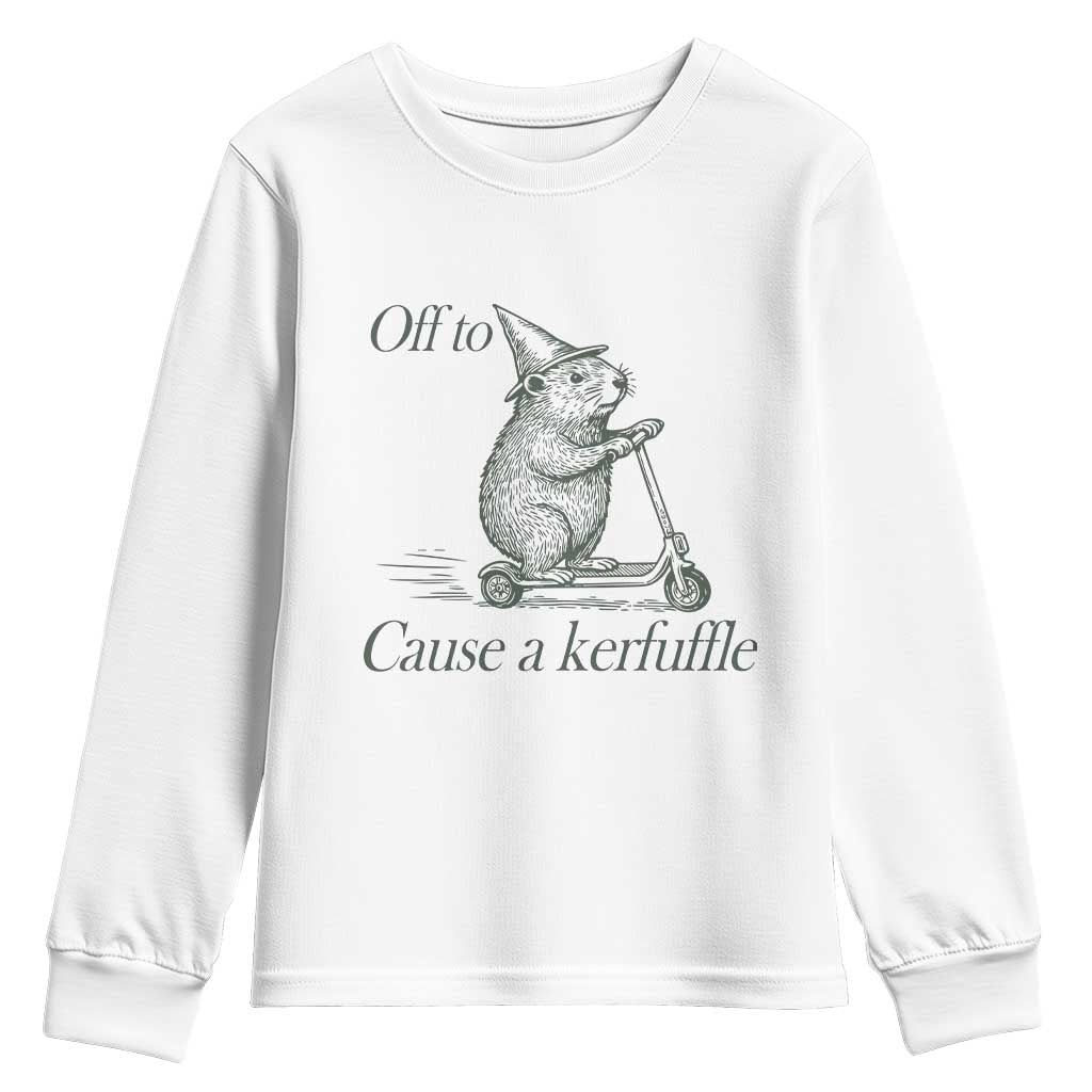 Off To Cause A Kerfuffle Youth Sweatshirt Funny Groundhog Scooter Chaos - Wonder Print Shop