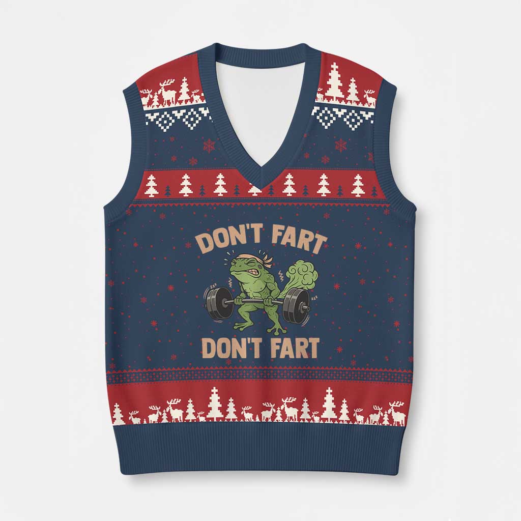 Gym Frog V-Neck Knit Sweater Vest Dont Fart Workout Weights Squat Humor - Wonder Print Shop