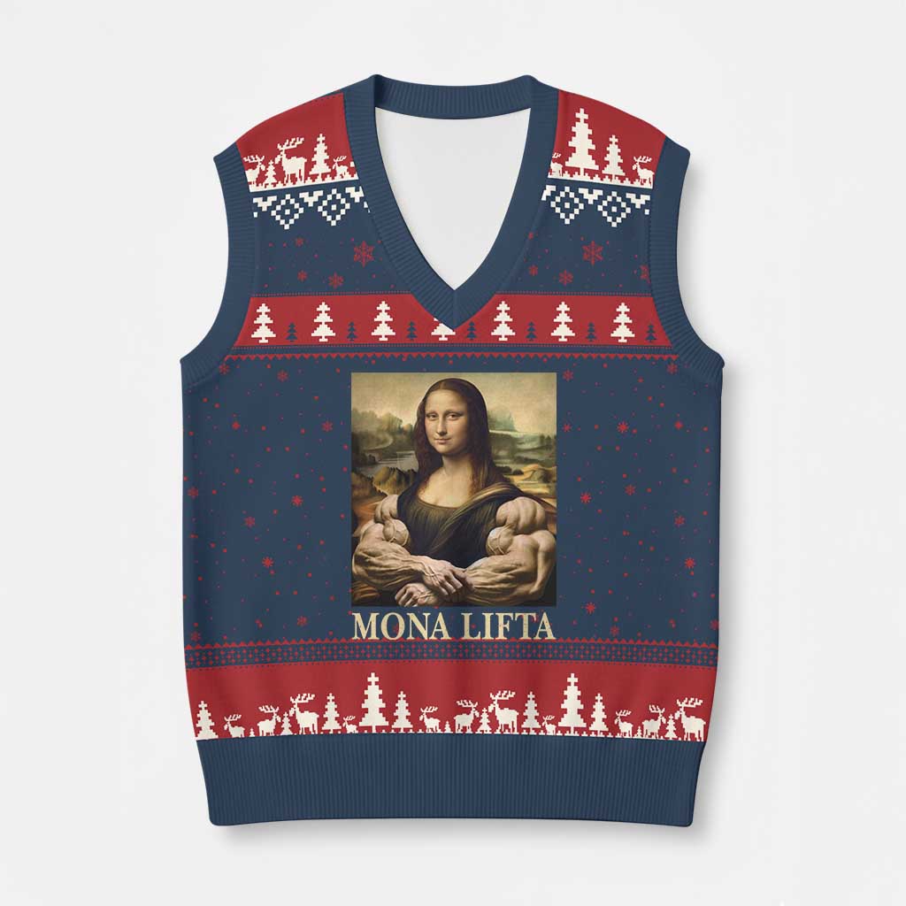 Funny Mona Lifta Muscle Mona Lisa Bodybuilding Fitness Gym Lover V-Neck Knit Sweater Vest - Wonder Print Shop