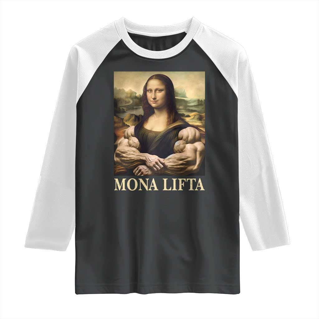 Funny Mona Lifta Muscle Mona Lisa Bodybuilding Fitness Gym Lover Raglan Shirt - Wonder Print Shop