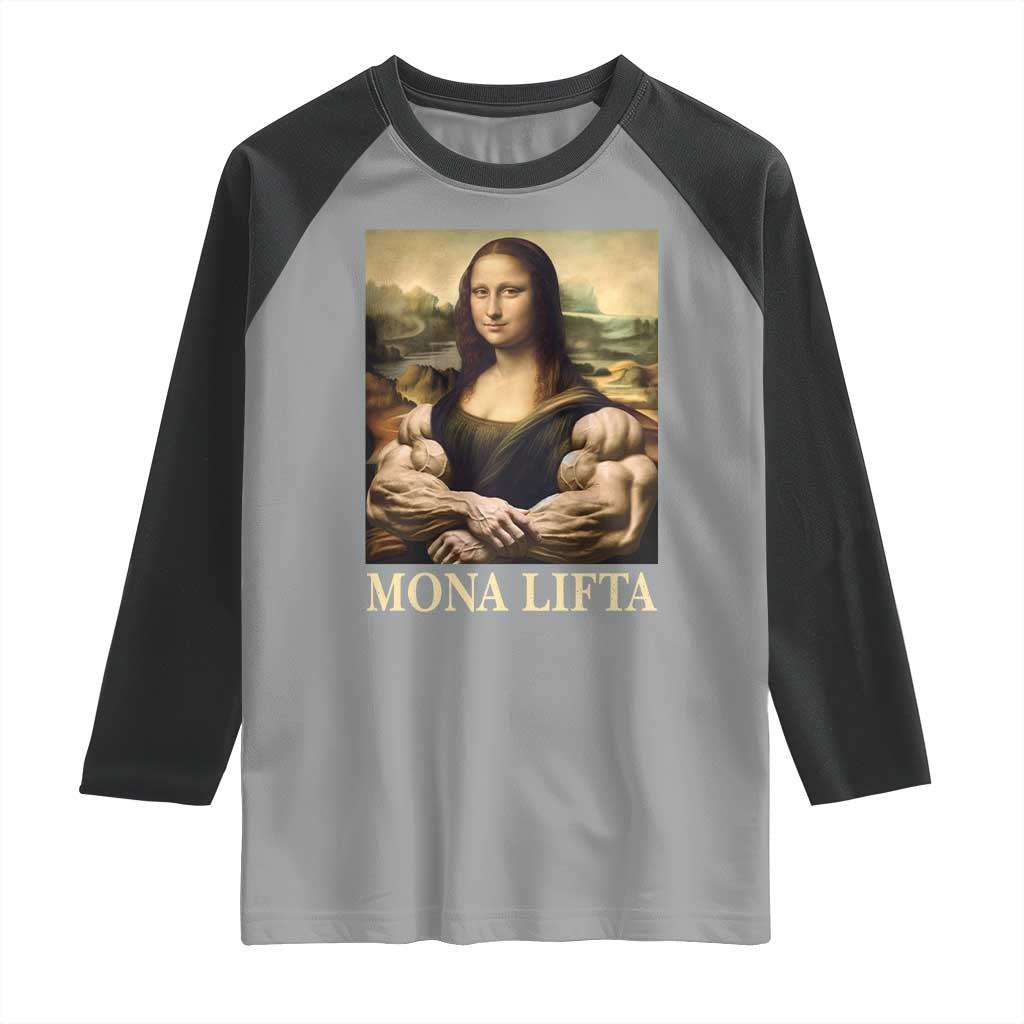 Funny Mona Lifta Muscle Mona Lisa Bodybuilding Fitness Gym Lover Raglan Shirt - Wonder Print Shop
