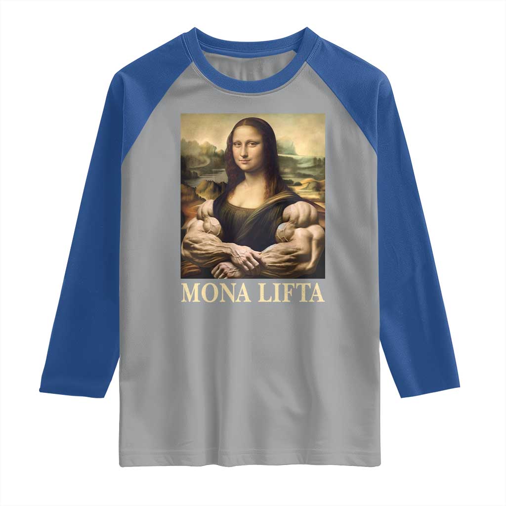 Funny Mona Lifta Muscle Mona Lisa Bodybuilding Fitness Gym Lover Raglan Shirt - Wonder Print Shop