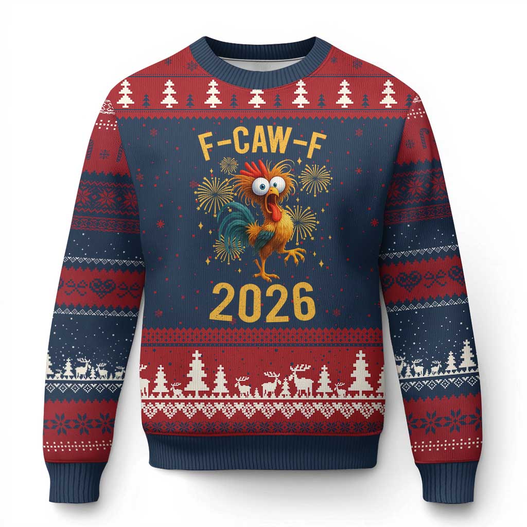 F Caw F 2026 Happy New Year Ugly Christmas Sweater Funny Chicken Rooster - Wonder Print Shop